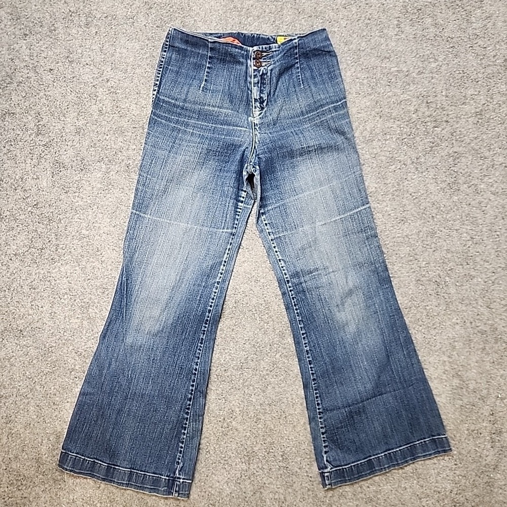 [BLANK]NYC Super Flare Jeans High Waist Boho Festival Med‎ Wash Raw Hem L 28 29